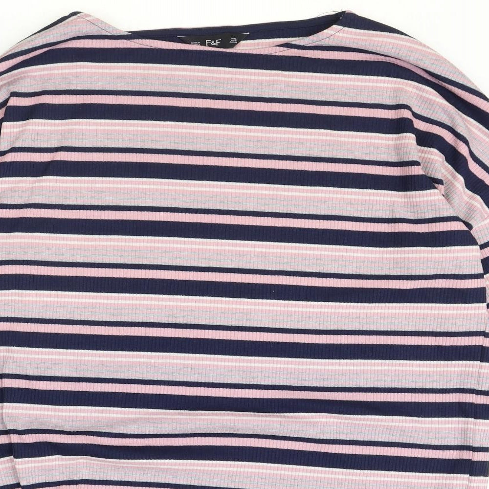 F&F Womens Multicoloured Striped Polyester Basic T-Shirt Size 16 Round Neck