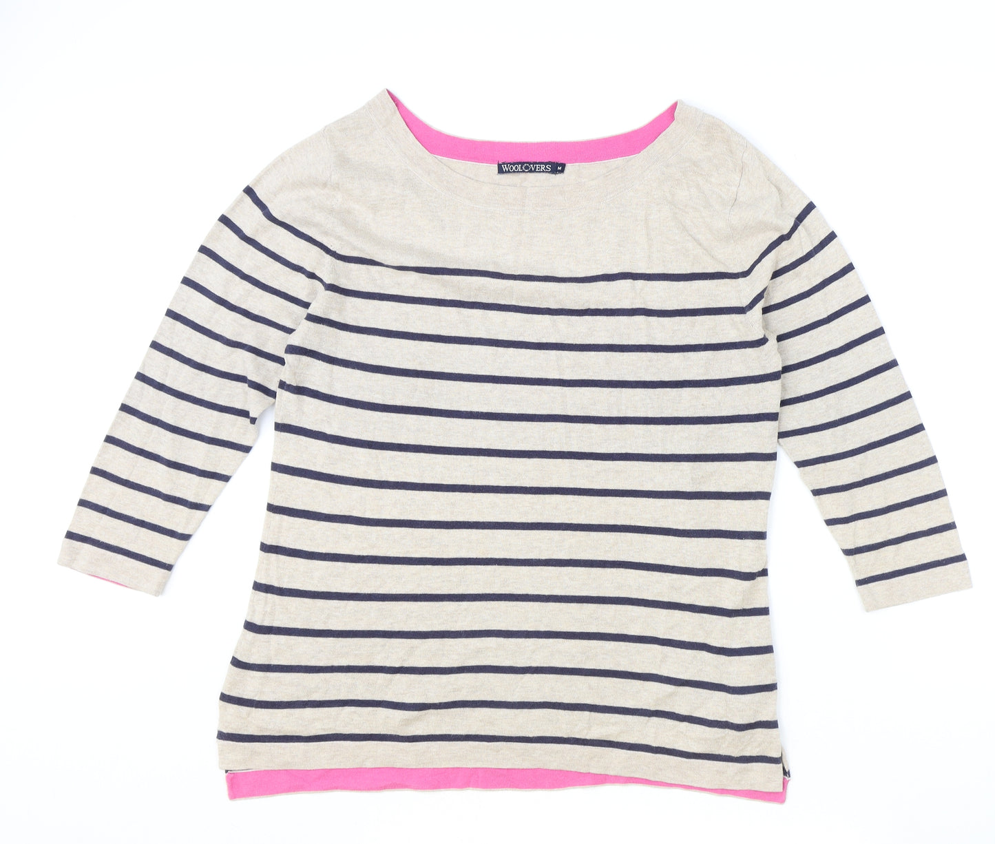Woolovers Womens Beige Boat Neck Striped Silk Pullover Jumper Size M