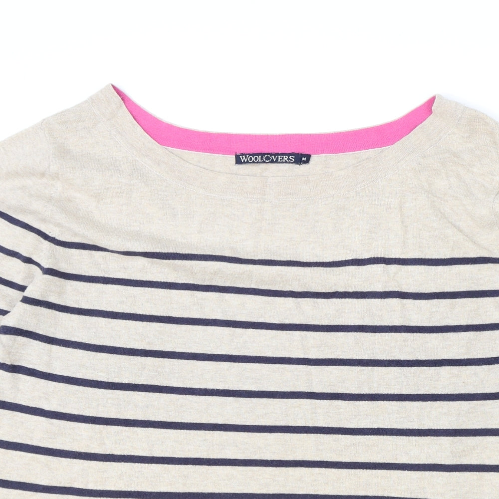 Woolovers Womens Beige Boat Neck Striped Silk Pullover Jumper Size M