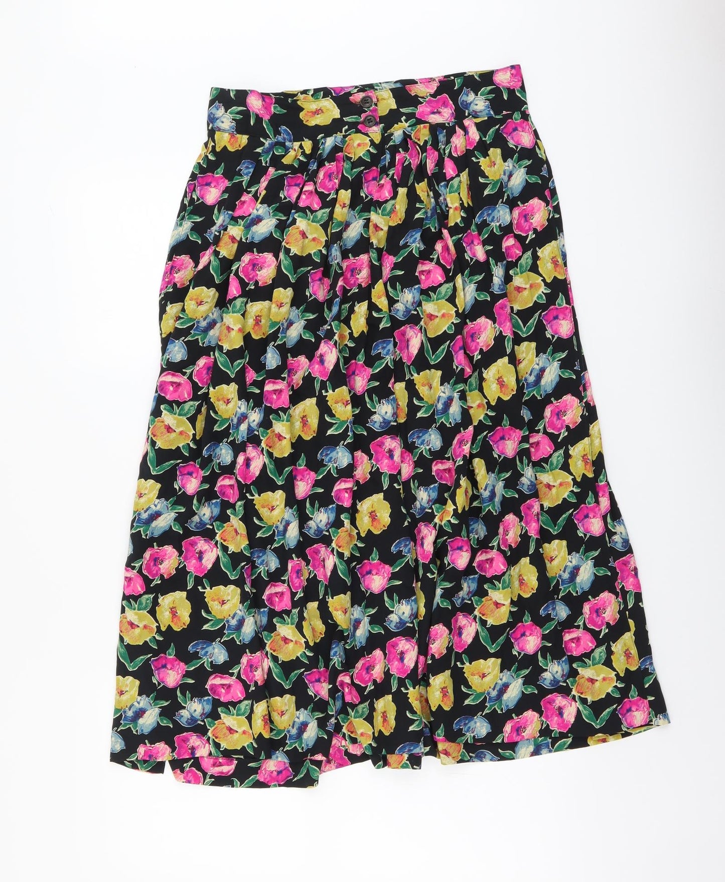 Preworn Womens Black Floral Silk Swing Skirt Size 14 Button