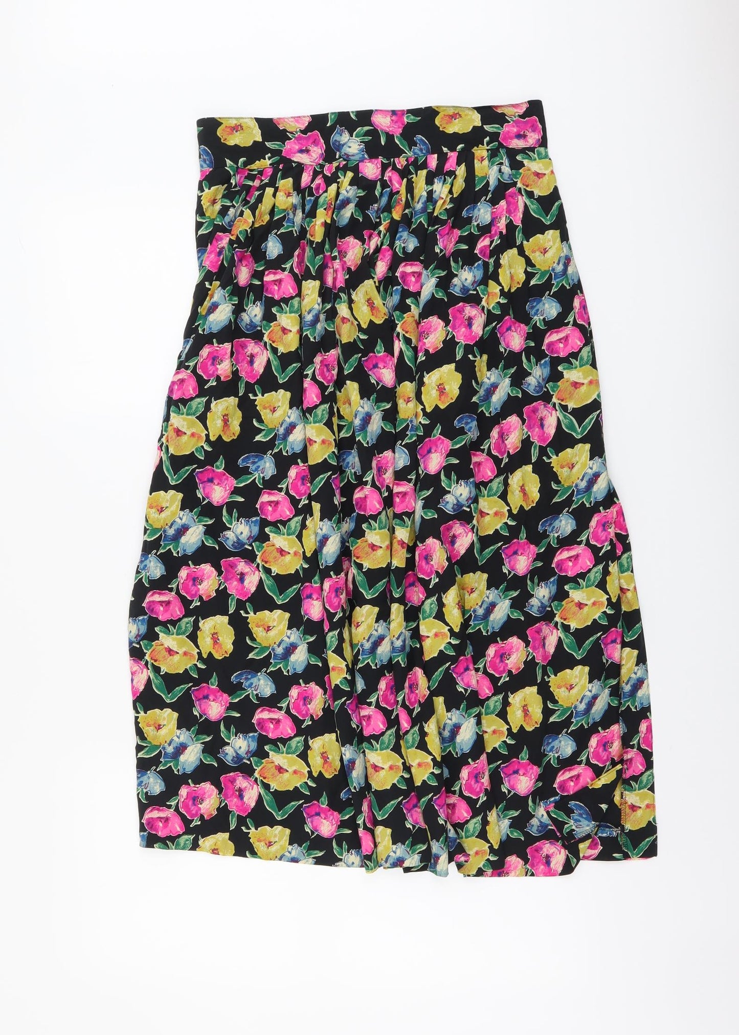 Preworn Womens Black Floral Silk Swing Skirt Size 14 Button