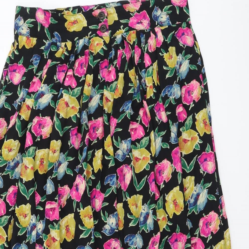 Preworn Womens Black Floral Silk Swing Skirt Size 14 Button
