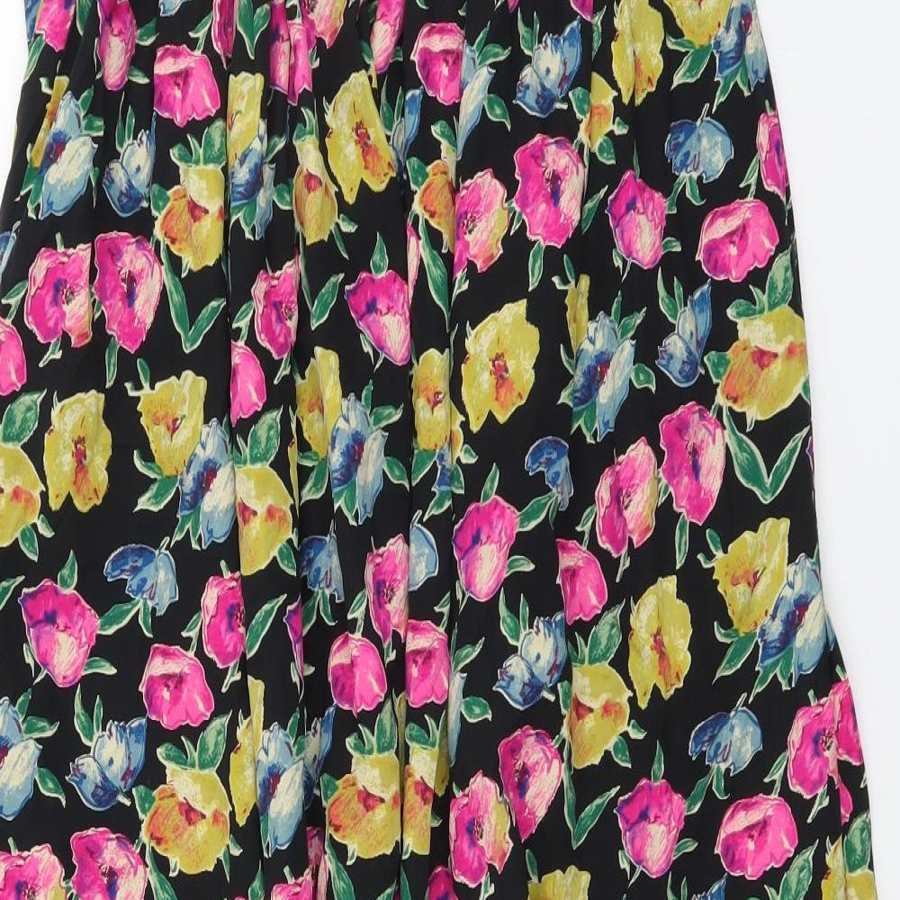 Preworn Womens Black Floral Silk Swing Skirt Size 14 Button