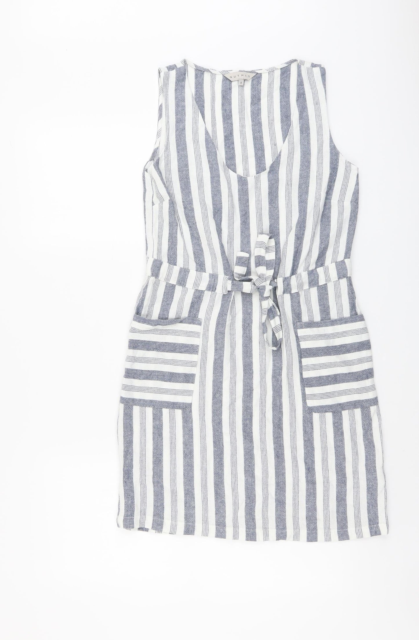 Nutmeg Womens Blue Striped Linen Pencil Dress Size 8 V-Neck Pullover