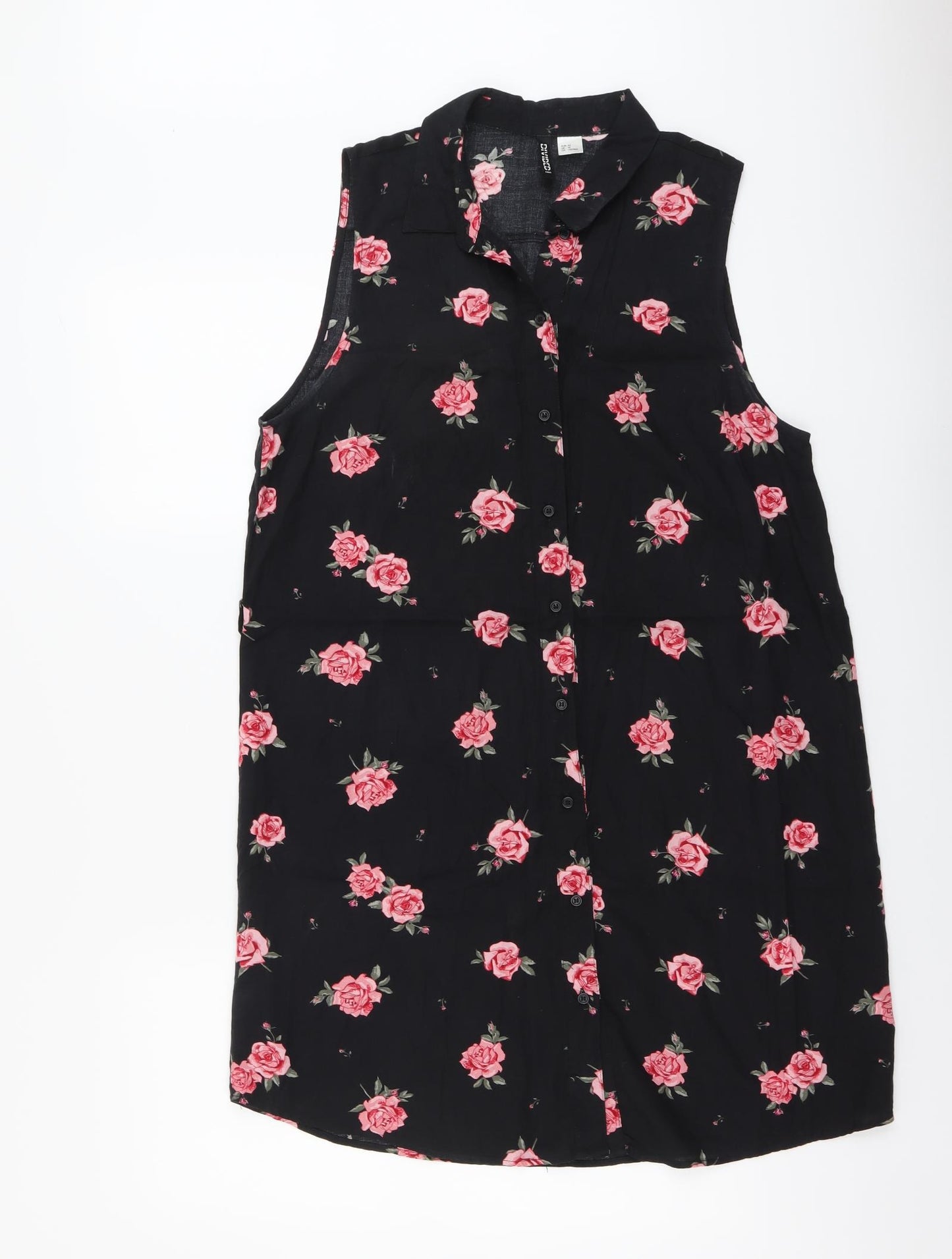 H&M Womens Black Floral Viscose Shirt Dress Size 14 Collared Button
