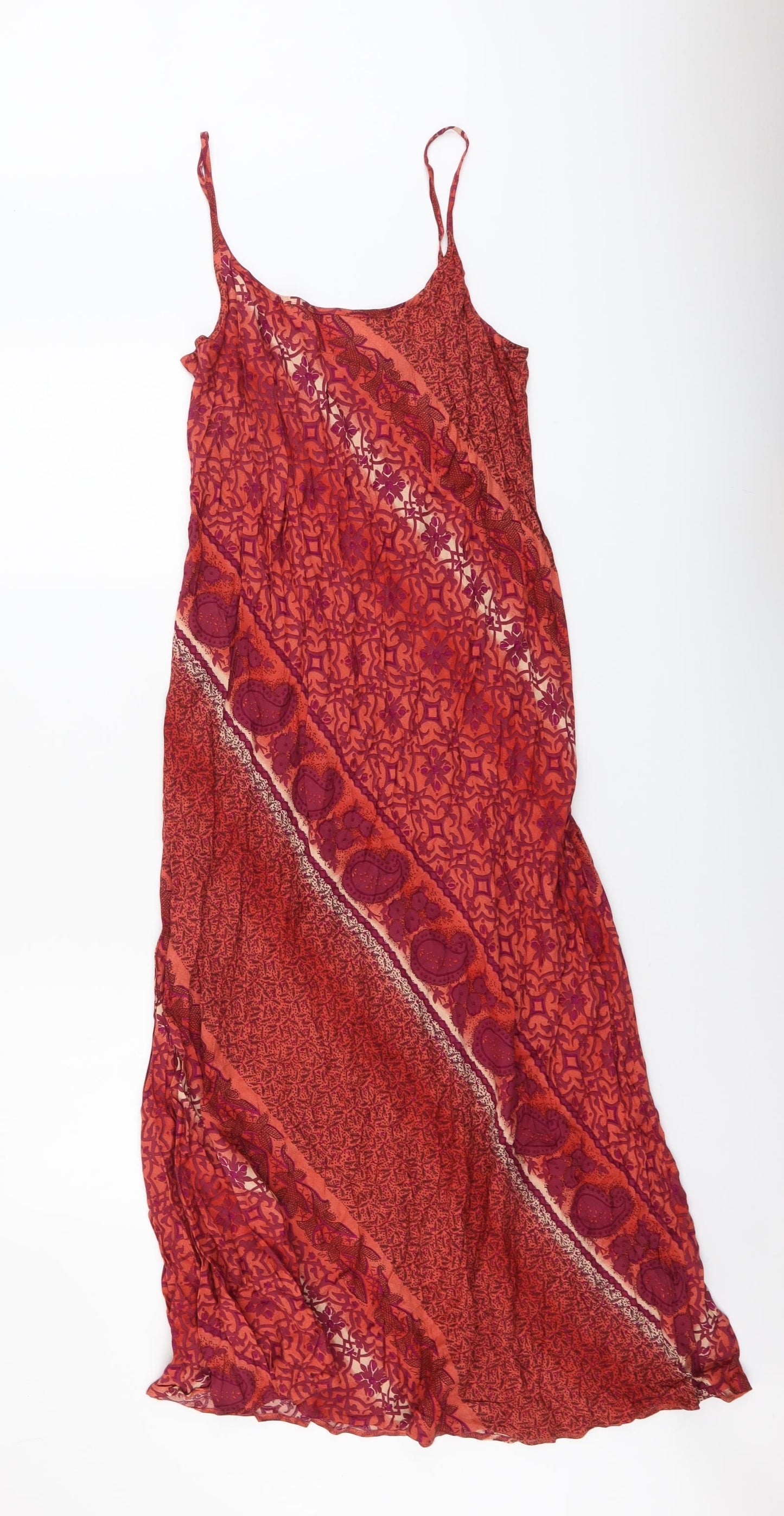 BHS Womens Red Geometric Viscose Slip Dress Size 18 Scoop Neck Pullover