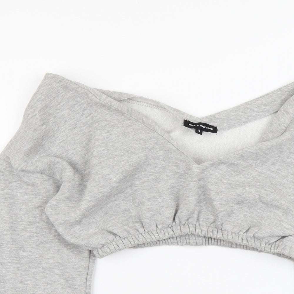 PRETTYLITTLETHING Womens Grey Polyester Pullover Sweatshirt Size S Pullover - Off Shoulder Cropped