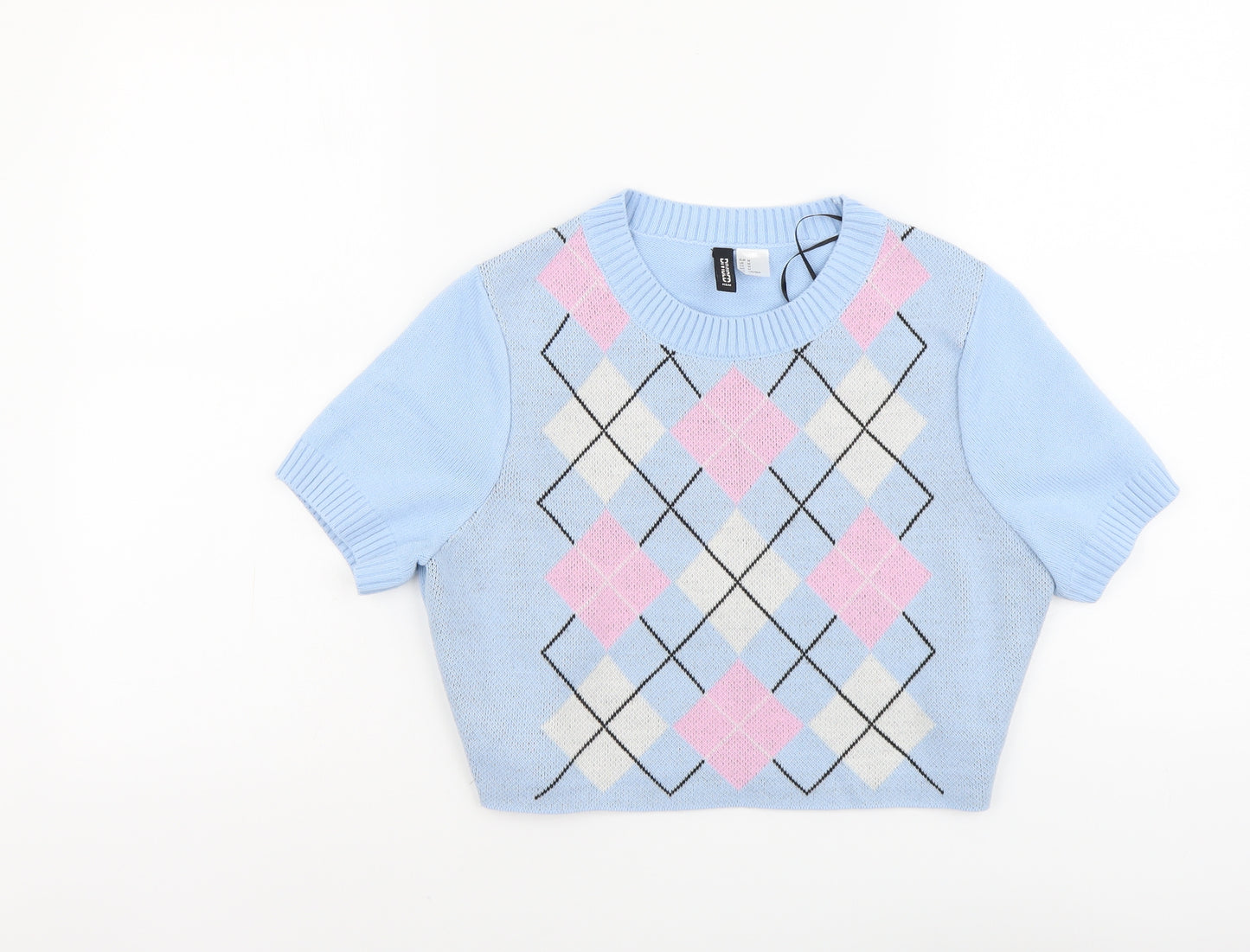 H&M Womens Blue Round Neck Argyle/Diamond Acrylic Pullover Jumper Size M