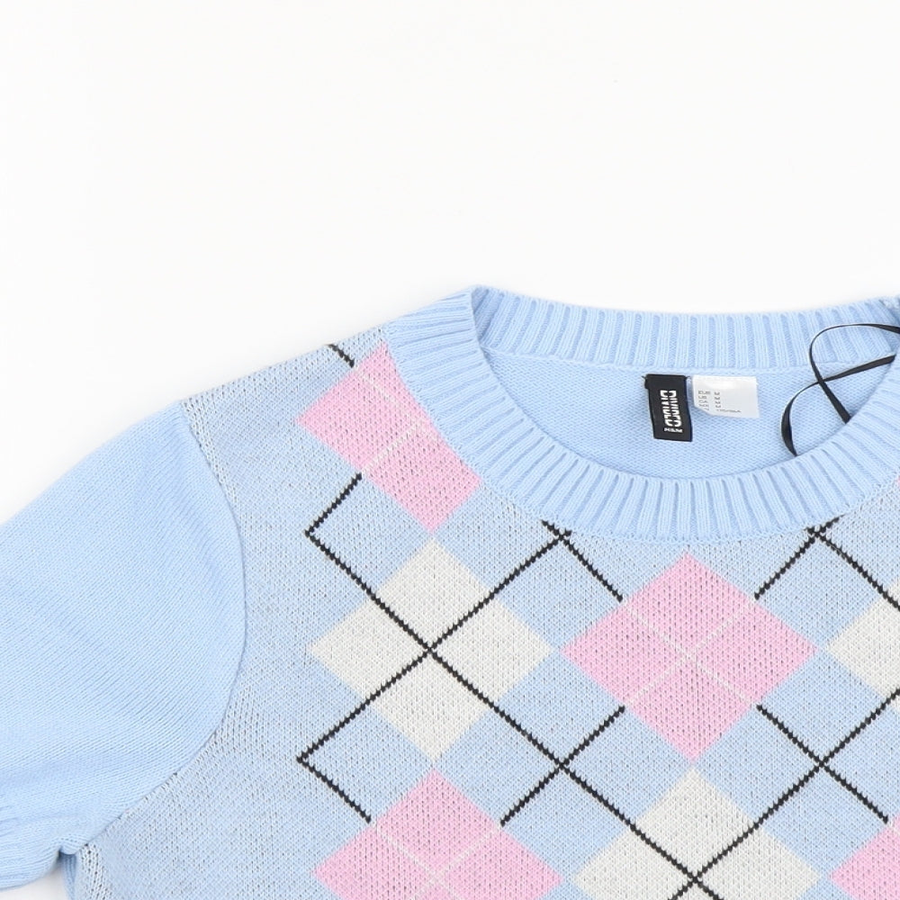 H&M Womens Blue Round Neck Argyle/Diamond Acrylic Pullover Jumper Size M