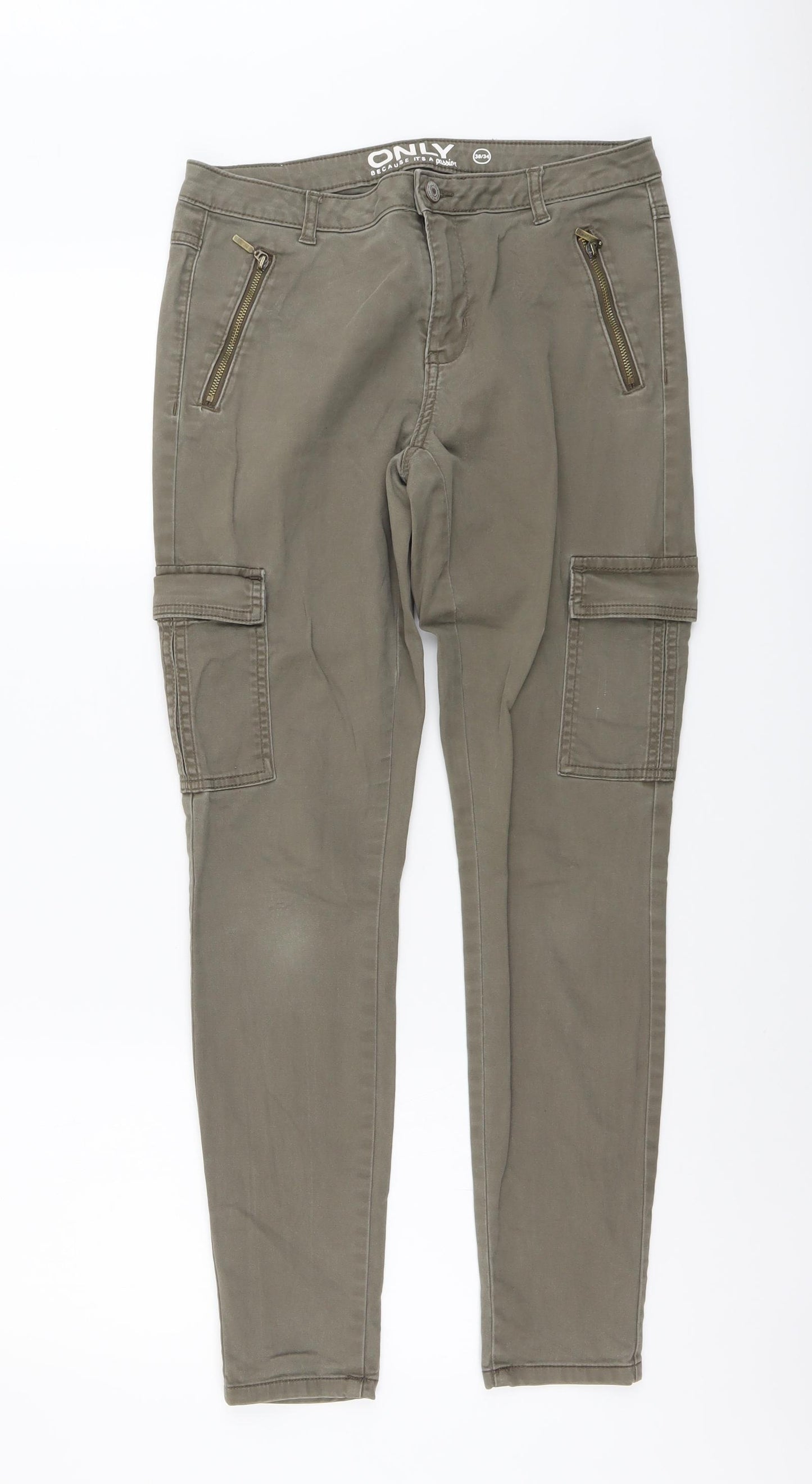 Only Womens Green Cotton Cargo Trousers Size M L29 in Regular Button