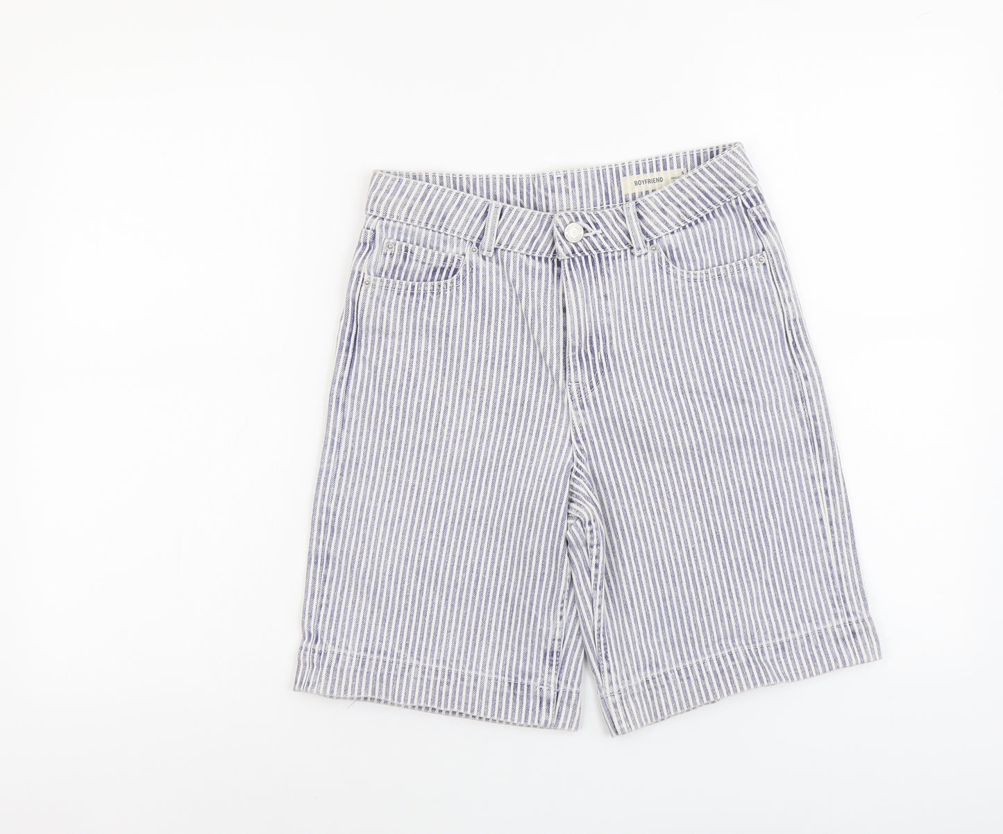 Marks and Spencer Womens Blue Striped Cotton Boyfriend Shorts Size 6 L9 in Regular Button