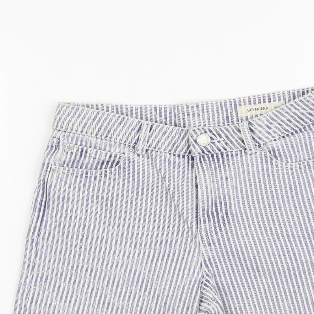 Marks and Spencer Womens Blue Striped Cotton Boyfriend Shorts Size 6 L9 in Regular Button