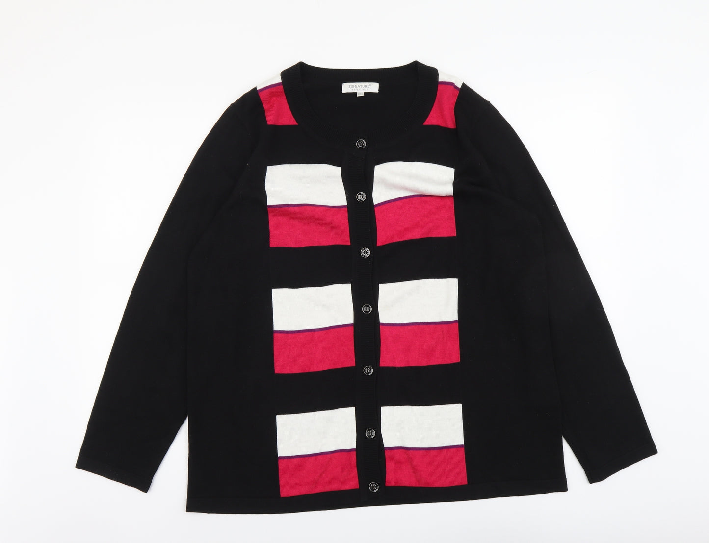 Signature Womens Black Round Neck Geometric Acrylic Cardigan Jumper Size 2XL