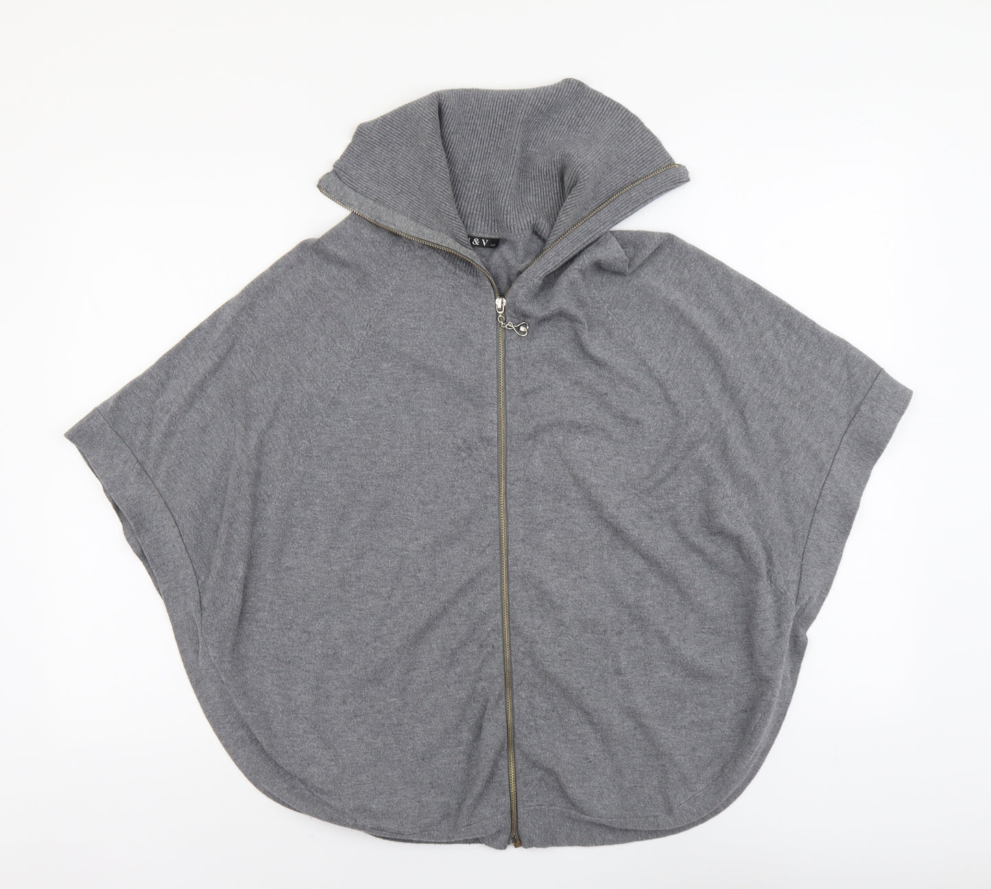 M&V Womens Grey Round Neck Acrylic Full Zip Jumper Size S - Batwing