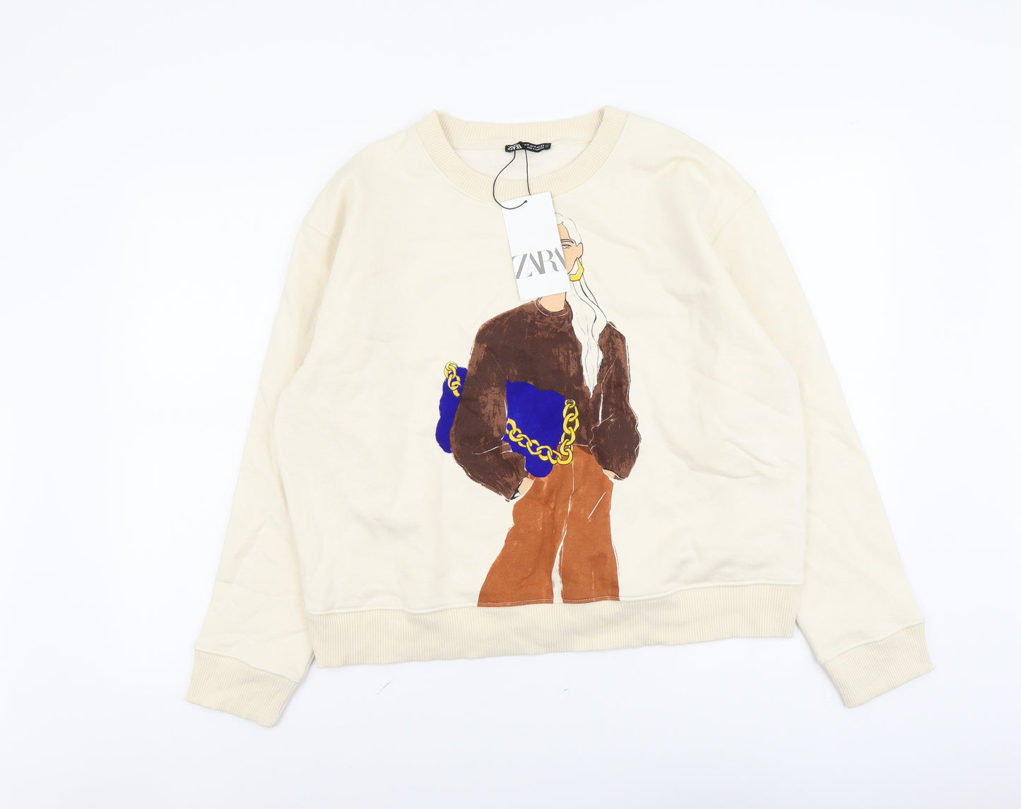 Zara Womens Beige Cotton Pullover Sweatshirt Size M Pullover