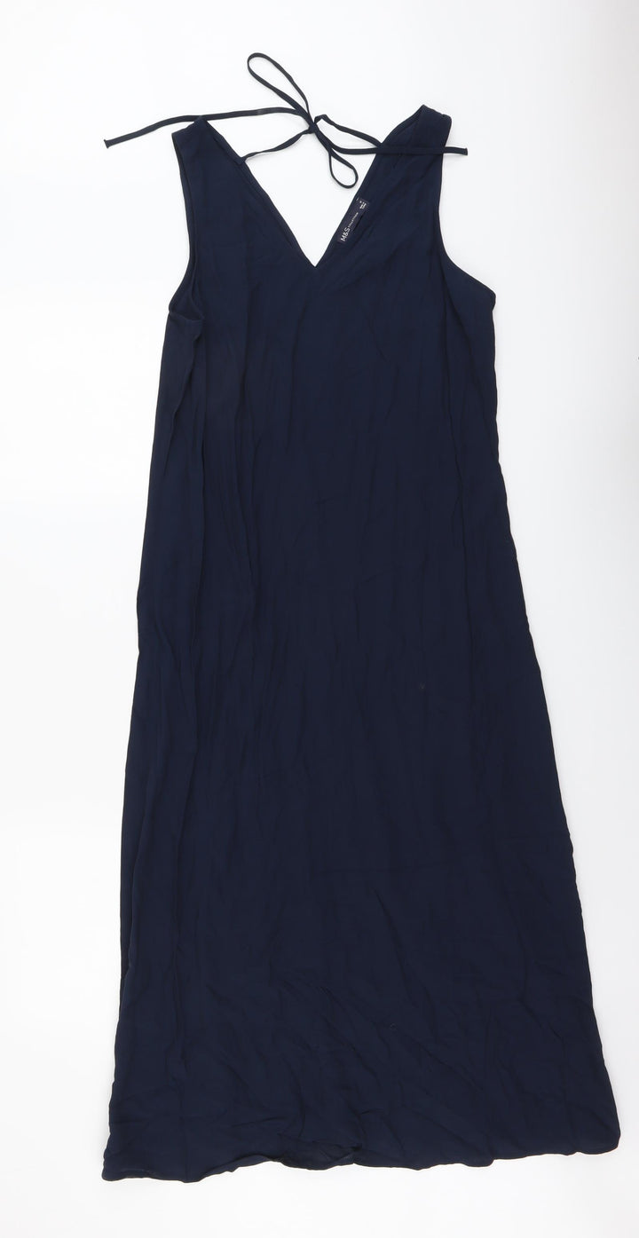 Marks and Spencer Womens Blue Viscose A-Line Size 10 V-Neck Tie