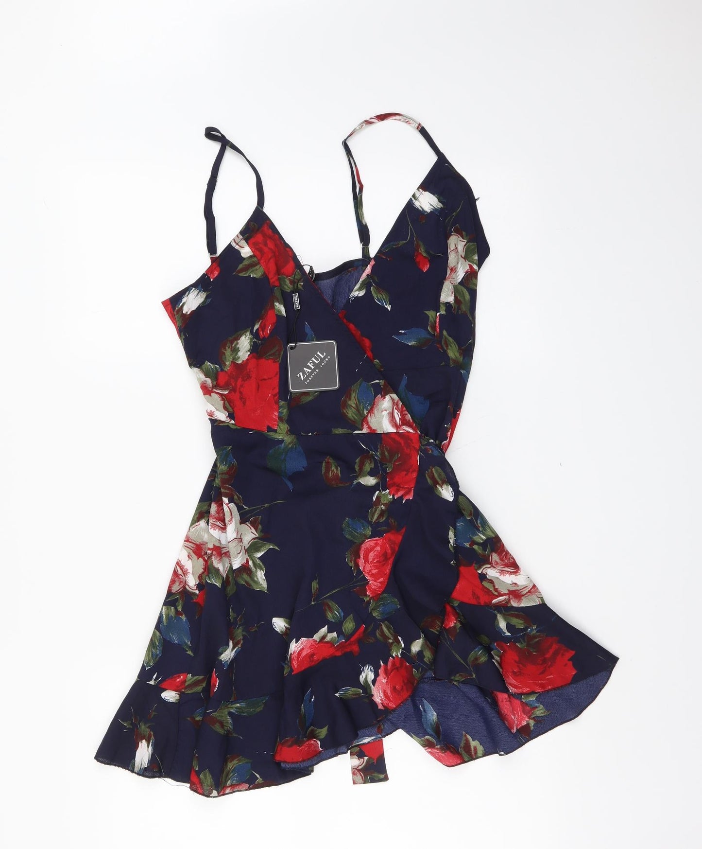 Zaful Womens Blue Floral Viscose Mini Size M V-Neck Tie