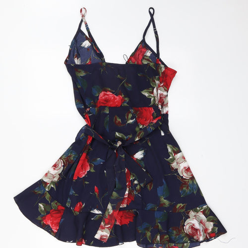 Zaful Womens Blue Floral Viscose Mini Size M V-Neck Tie