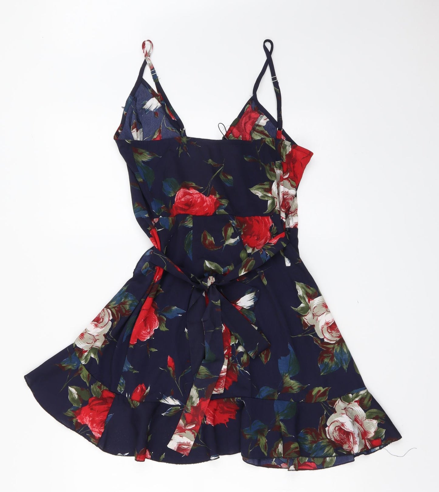 Zaful Womens Blue Floral Viscose Mini Size M V-Neck Tie