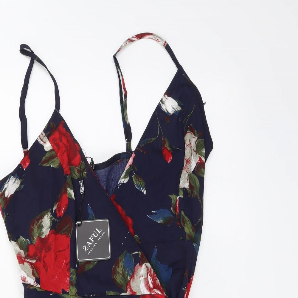 Zaful Womens Blue Floral Viscose Mini Size M V-Neck Tie