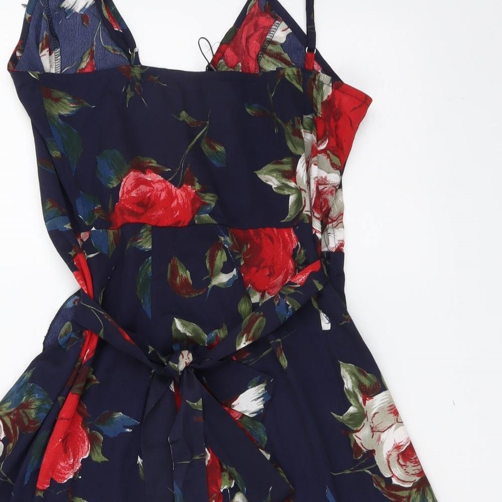 Zaful Womens Blue Floral Viscose Mini Size M V-Neck Tie