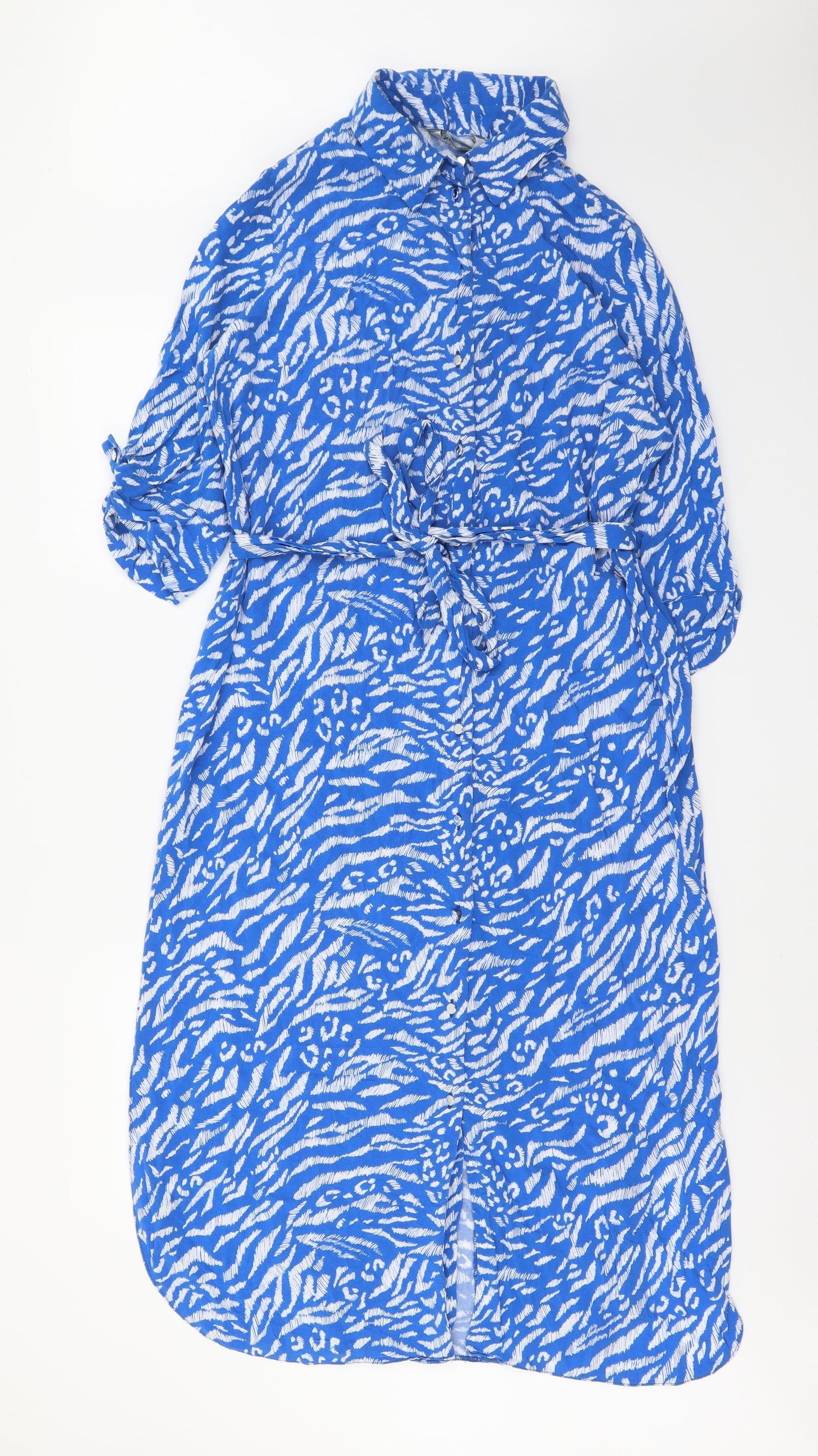 Nutmeg Womens Blue Animal Print Viscose Shirt Dress Size 14 Collared Button