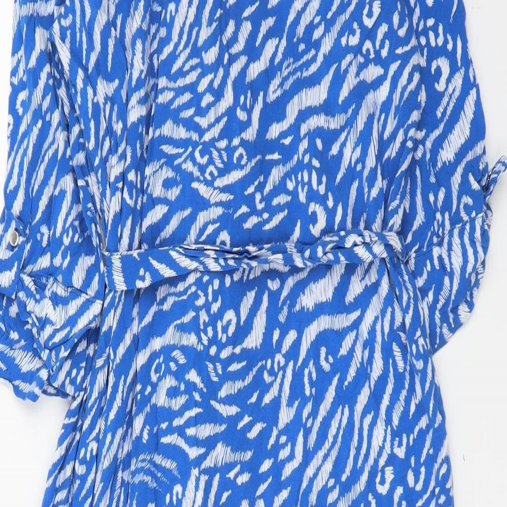 Nutmeg Womens Blue Animal Print Viscose Shirt Dress Size 14 Collared Button