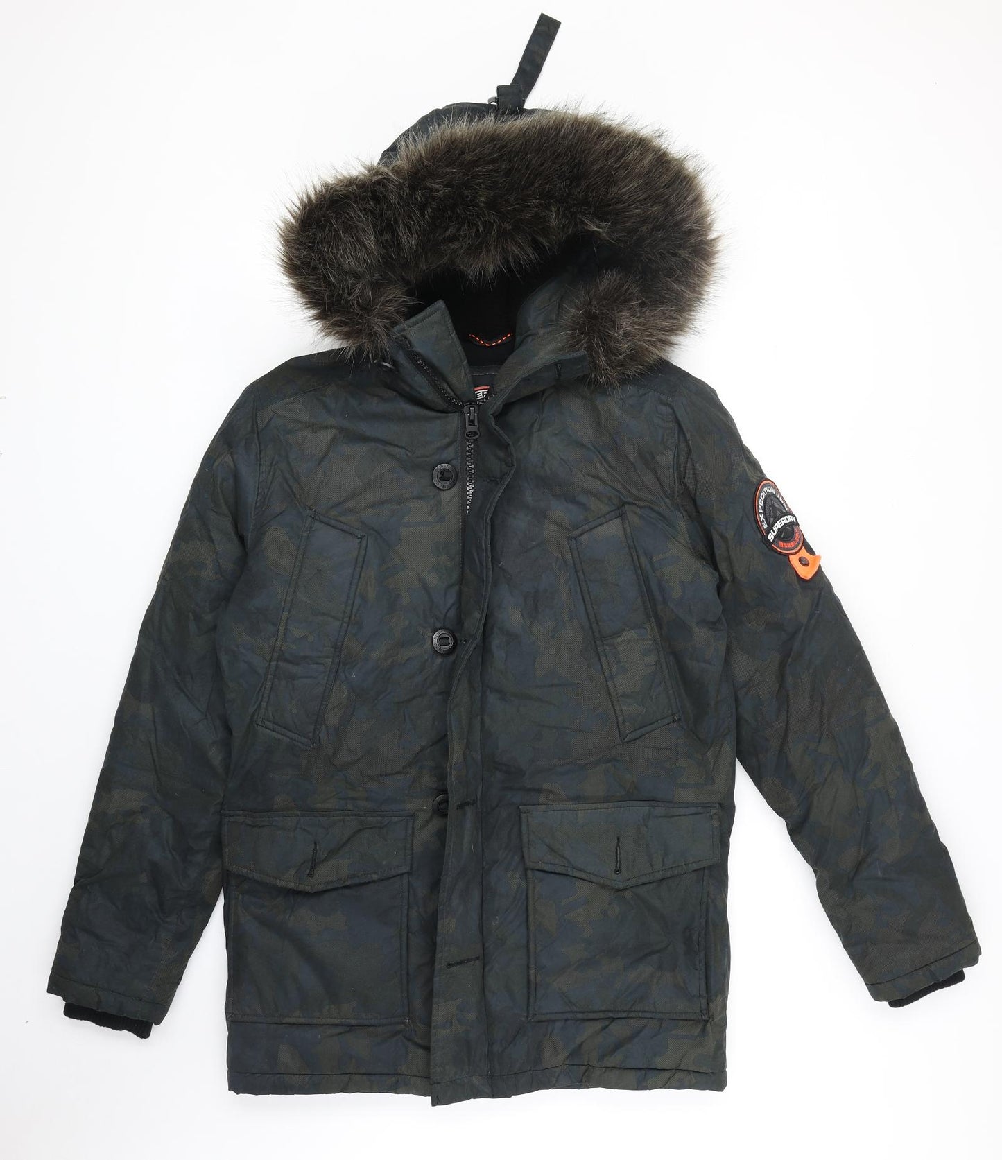 Superdry Mens Green Camouflage Parka Coat Size XS Zip