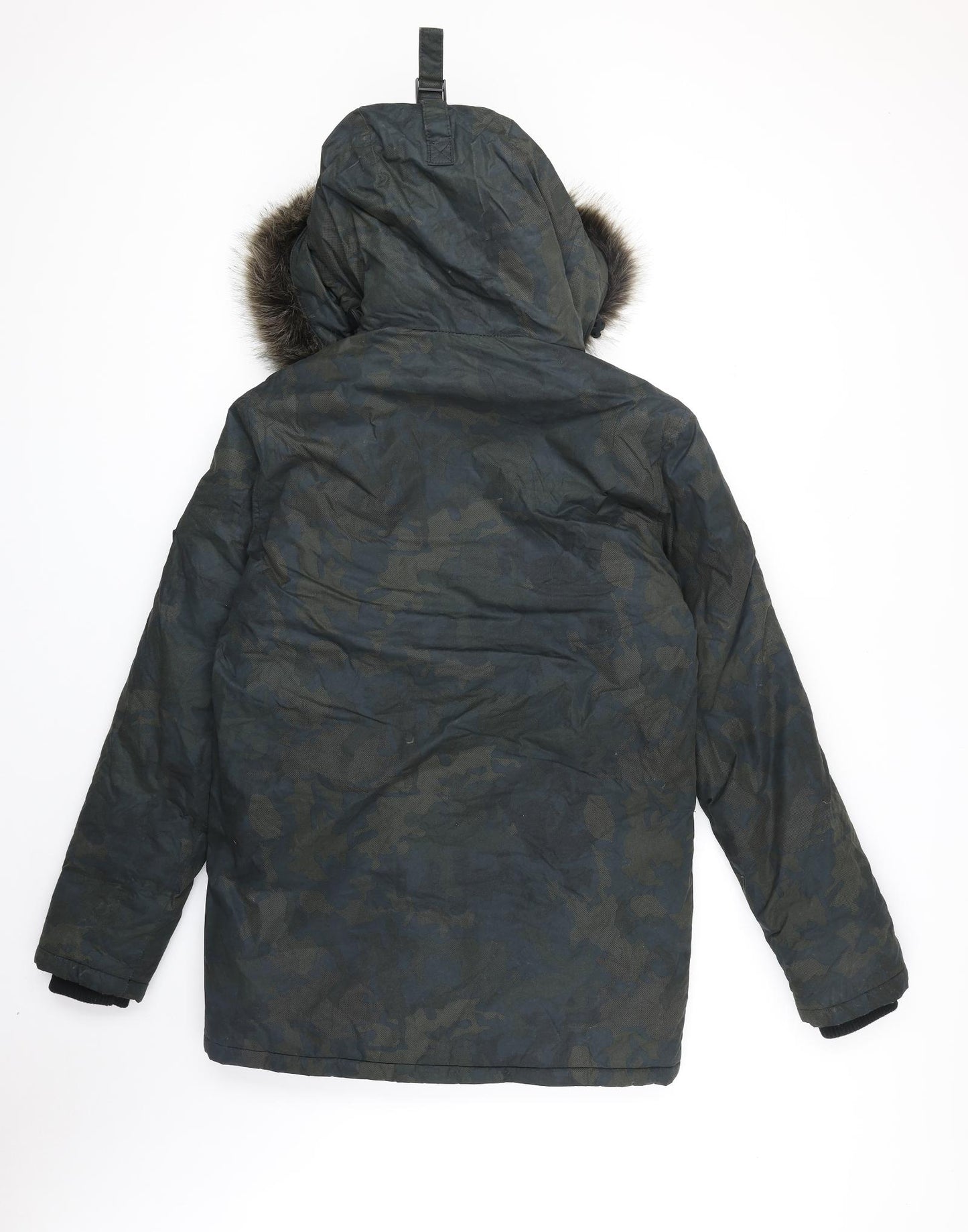 Superdry Mens Green Camouflage Parka Coat Size XS Zip