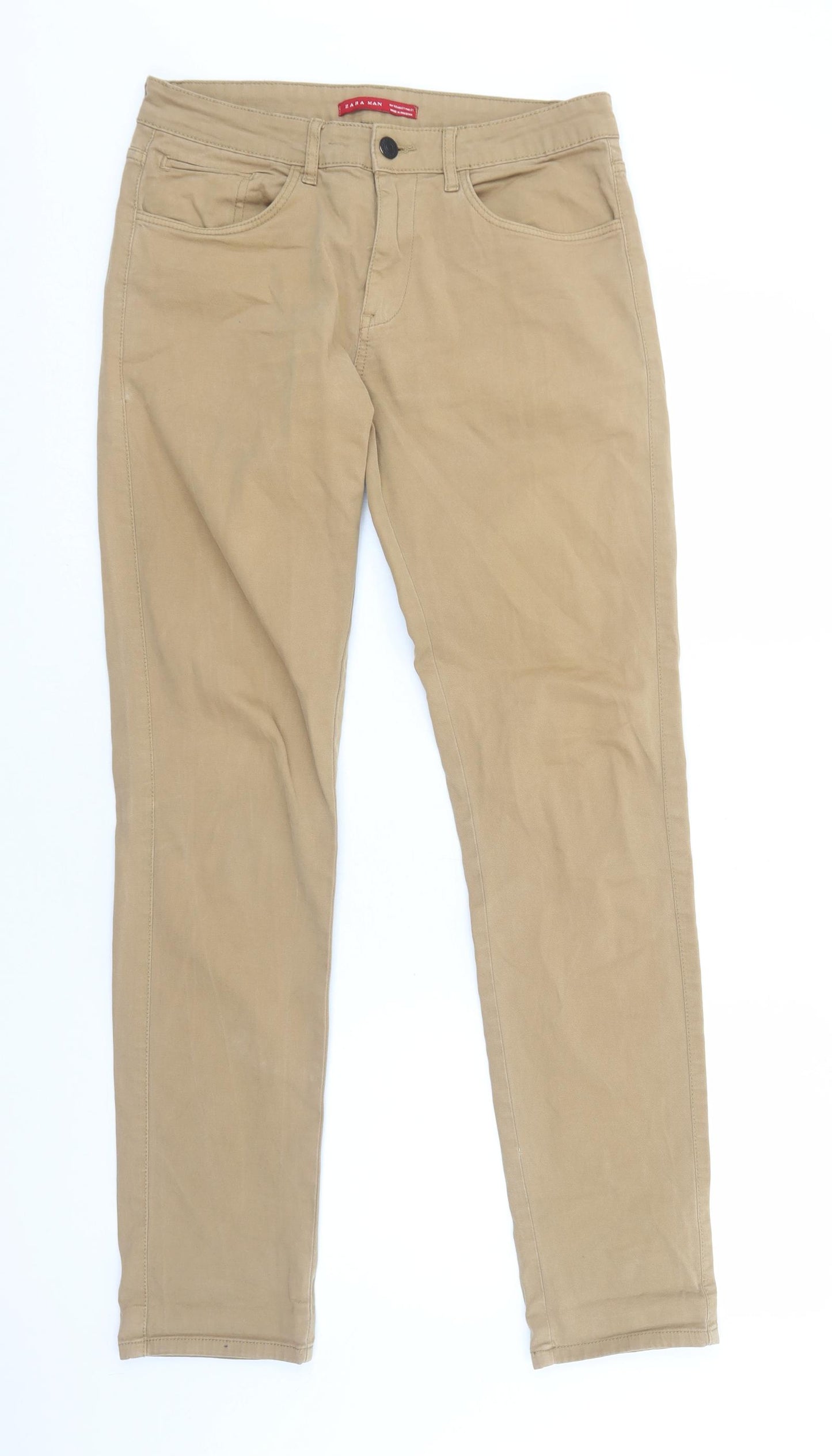 Zara Mens Brown Cotton Chino Trousers Size M Regular Zip