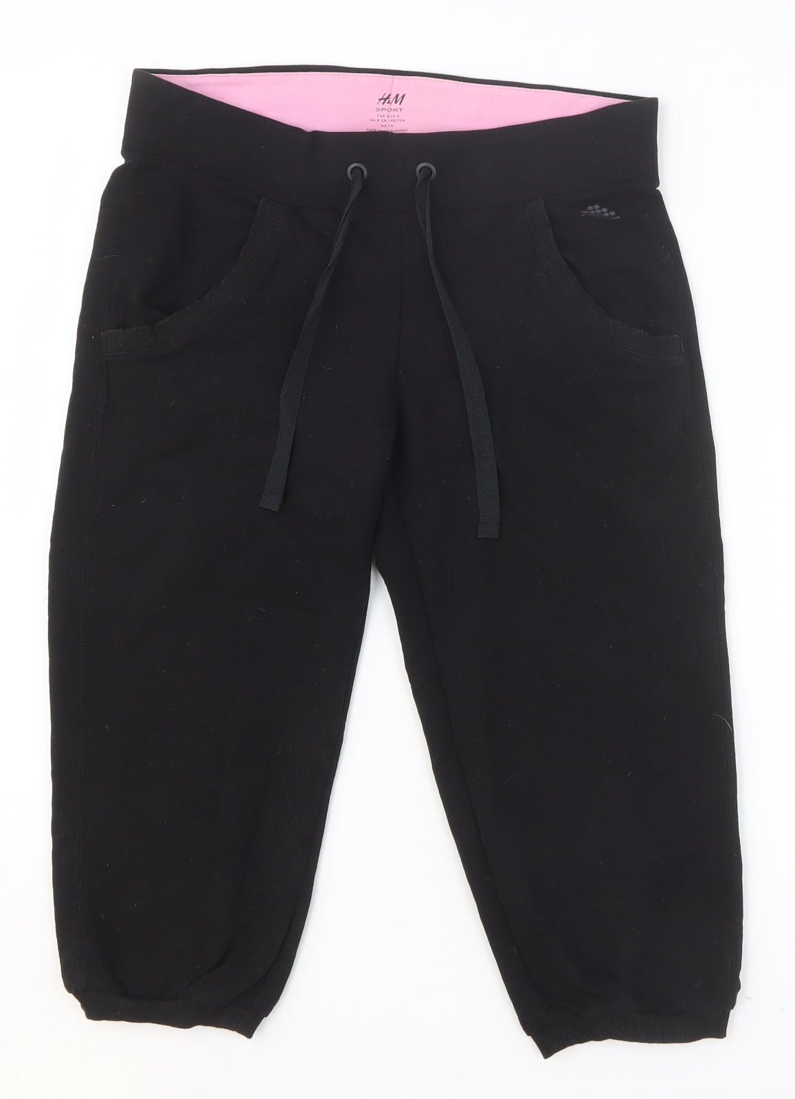 H&M Sport Womens Black Cotton Cropped Trousers Size S Regular Drawstring