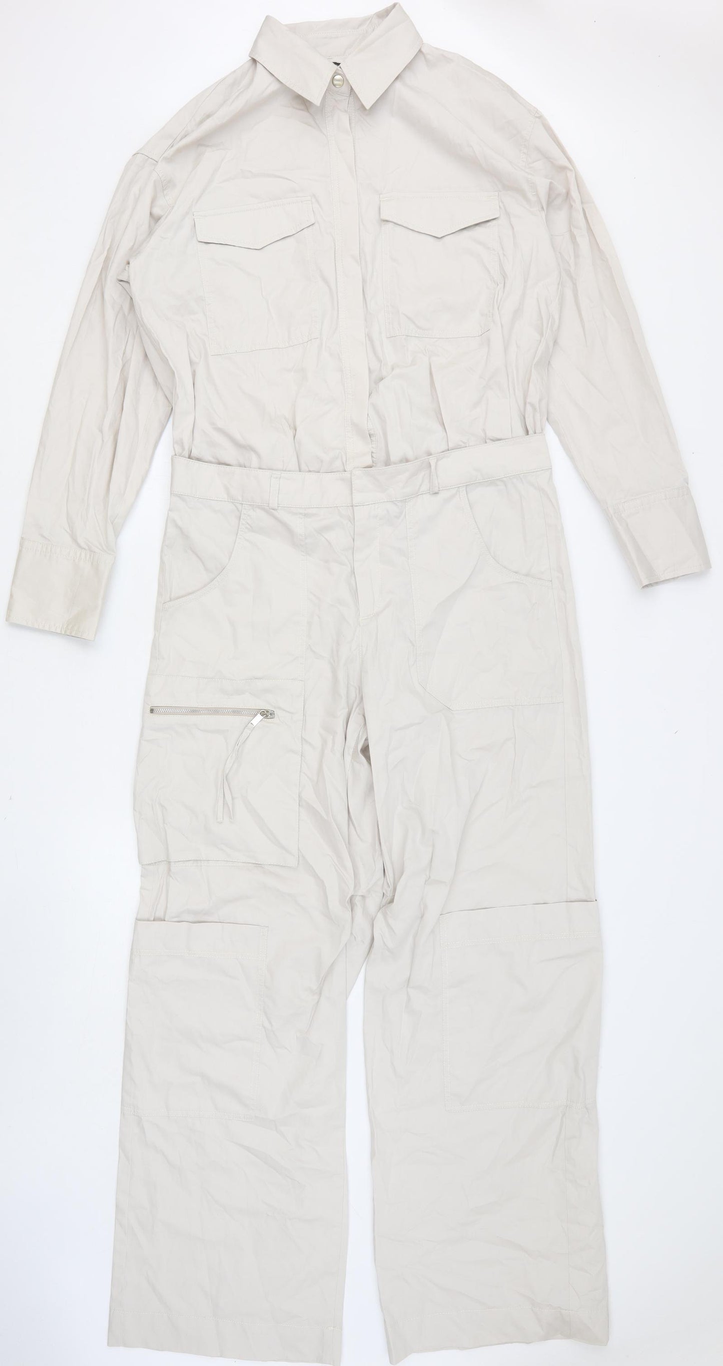 Zara Womens Beige Cotton Jumpsuit One-Piece Size L Button