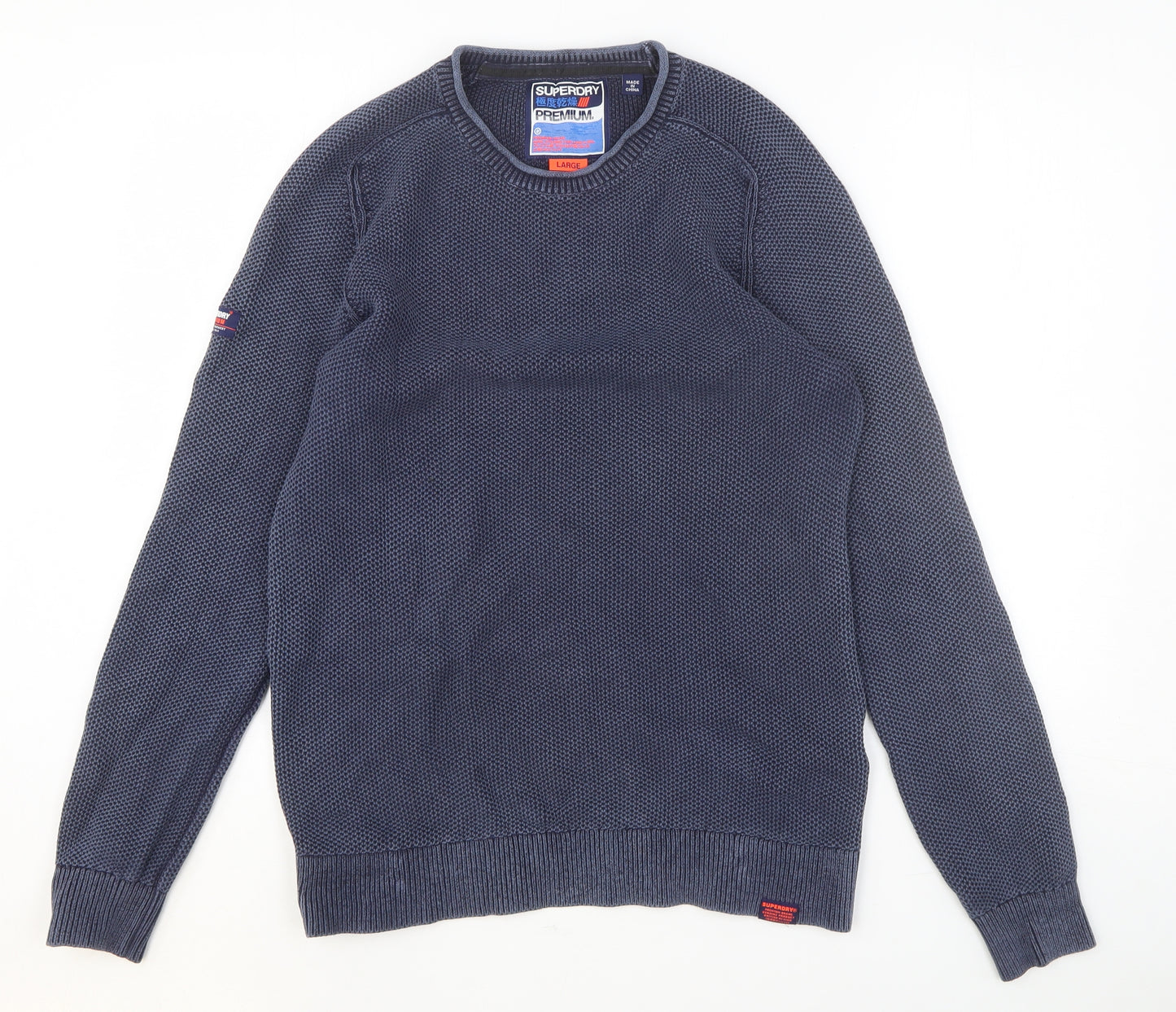 Superdry Mens Blue Round Neck Cotton Pullover Jumper Size L Long Sleeve