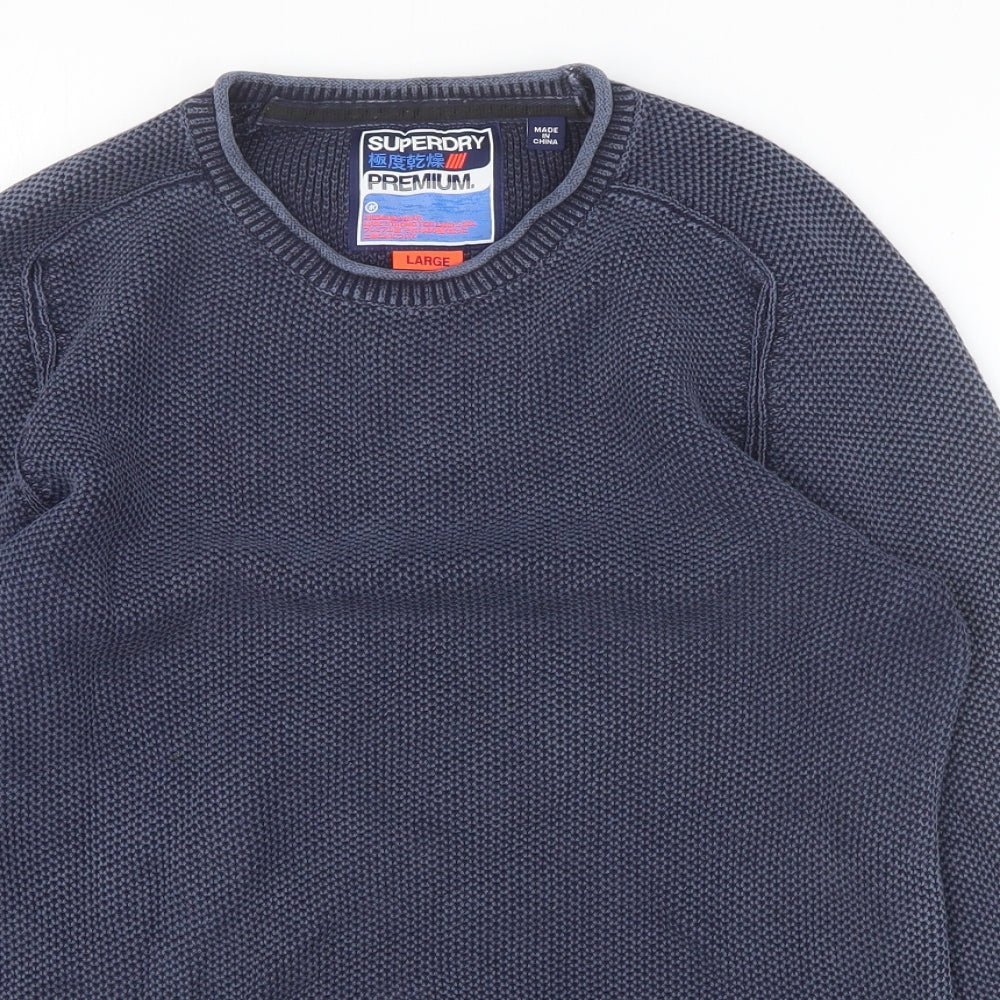 Superdry Mens Blue Round Neck Cotton Pullover Jumper Size L Long Sleeve