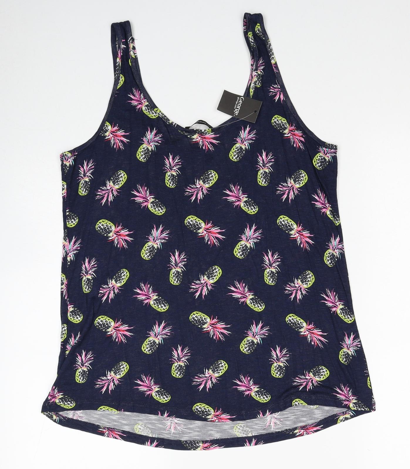 George Womens Blue Geometric Viscose Basic Tank Size 12 Scoop Neck - Pineapple
