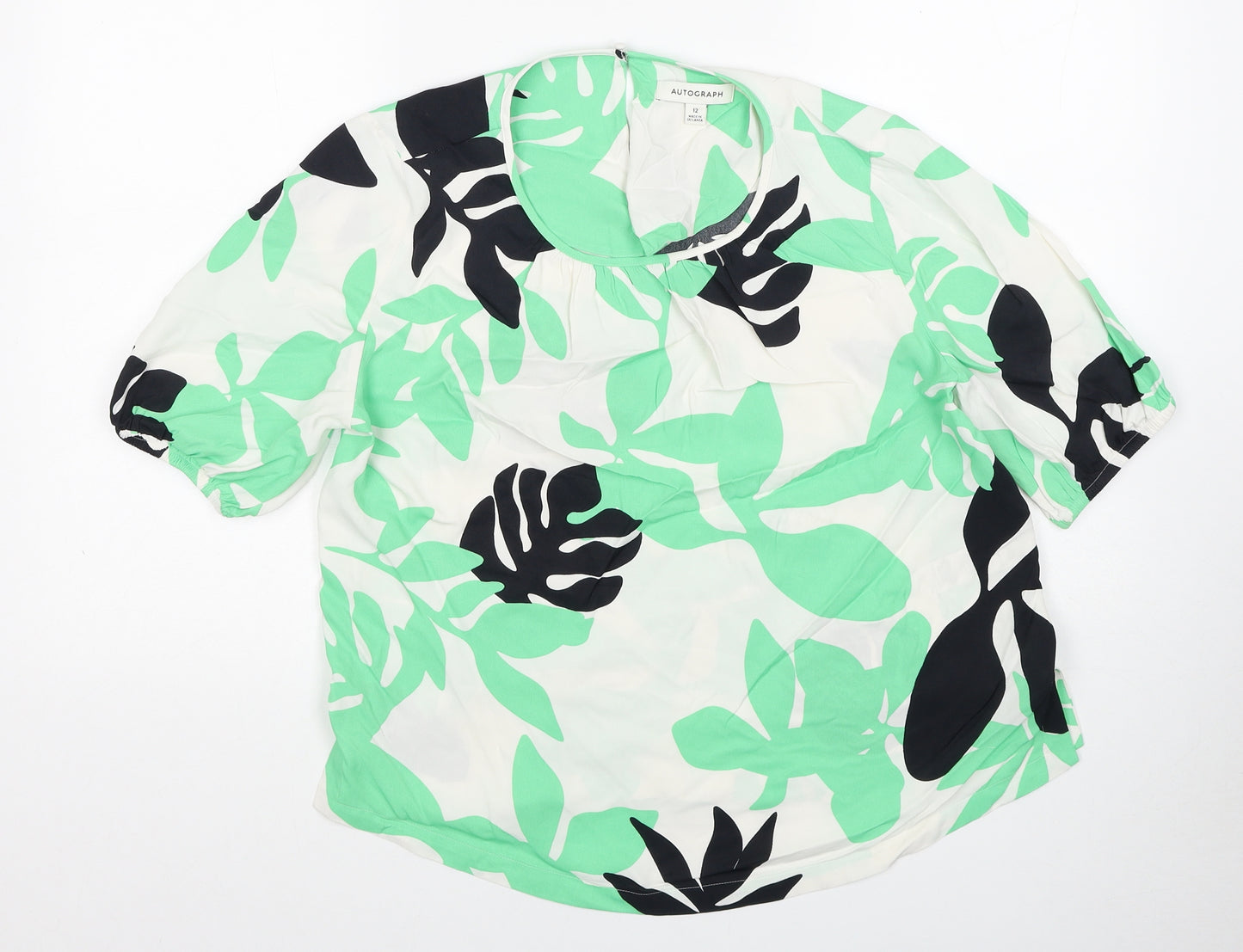 Autograph Womens Green Floral Viscose Basic T-Shirt Size 12 Scoop Neck