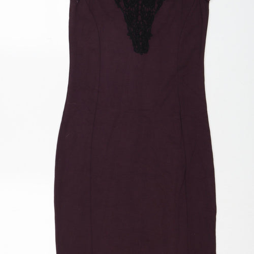 NEXT Womens Purple Viscose Pencil Dress Size 10 Round Neck Zip - Lace Detail