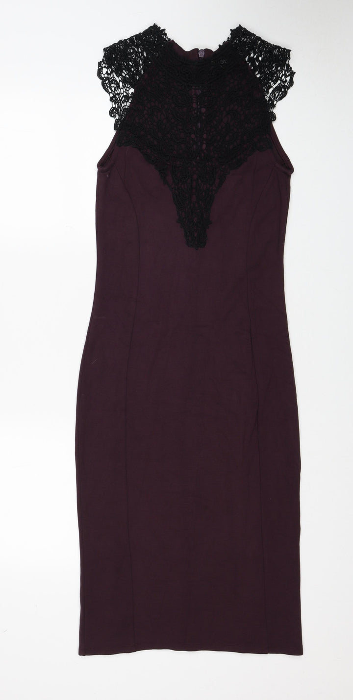 NEXT Womens Purple Viscose Pencil Dress Size 10 Round Neck Zip - Lace Detail