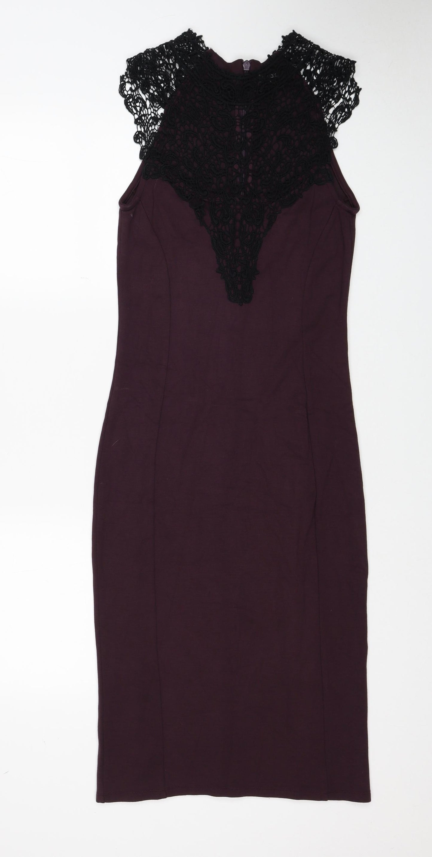 NEXT Womens Purple Viscose Pencil Dress Size 10 Round Neck Zip - Lace Detail