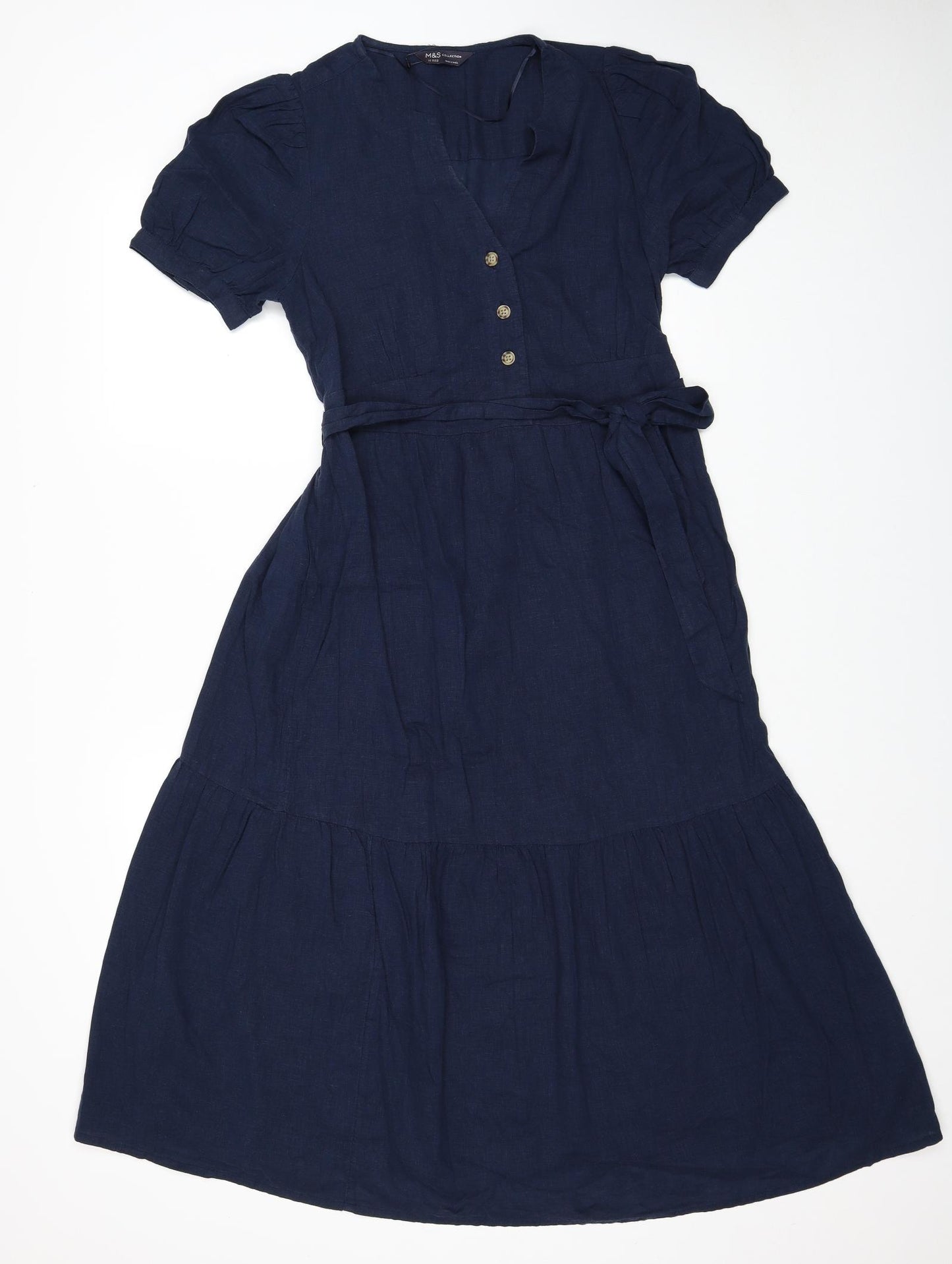 Marks and Spencer Womens Blue Linen A-Line Size 10 V-Neck Zip