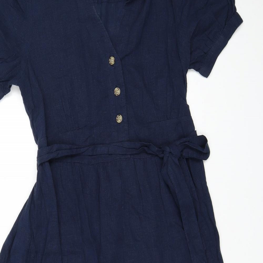 Marks and Spencer Womens Blue Linen A-Line Size 10 V-Neck Zip