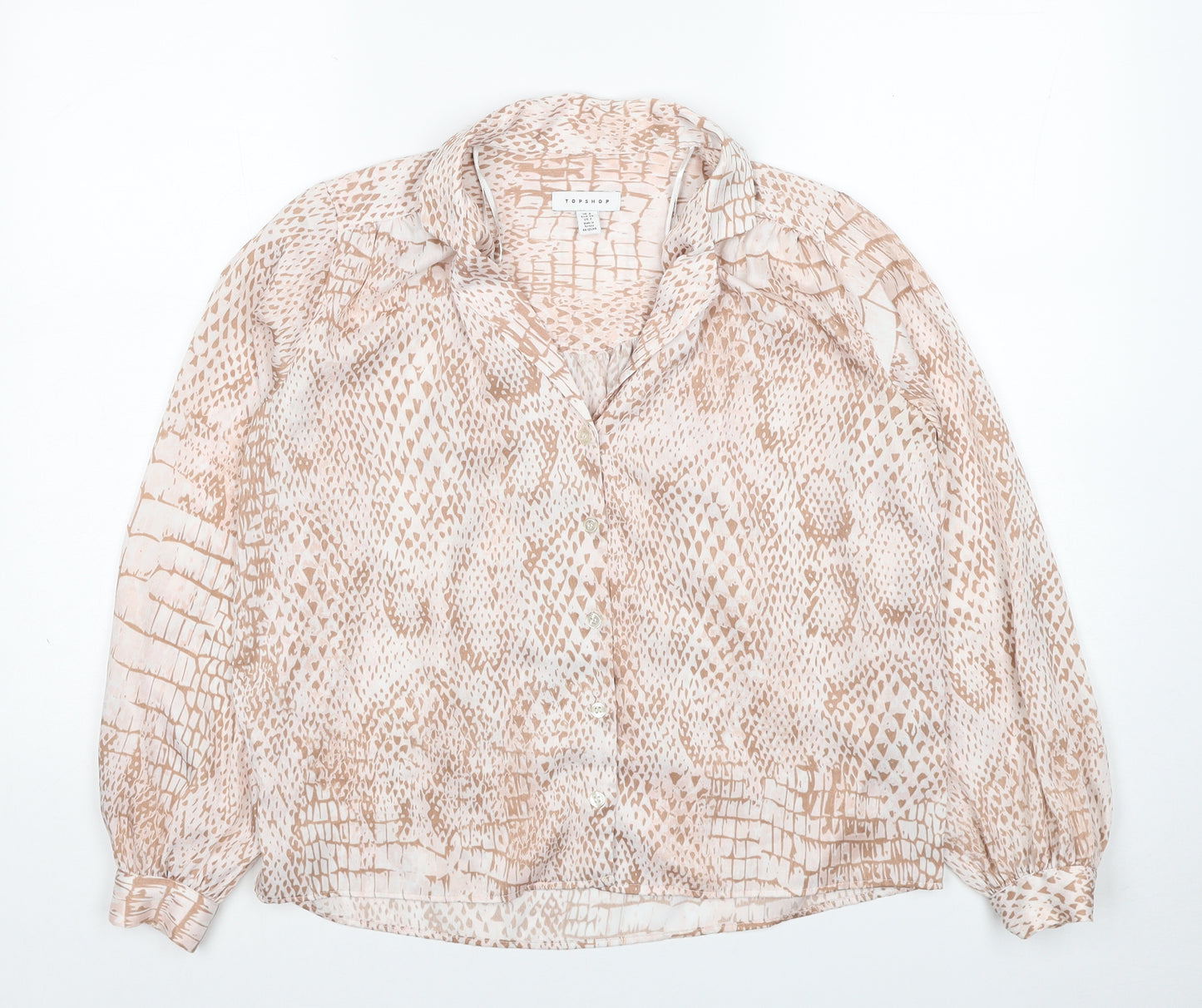 Topshop Womens Beige Animal Print Polyester Basic Button-Up Size 6 Collared - Snake Skin Print