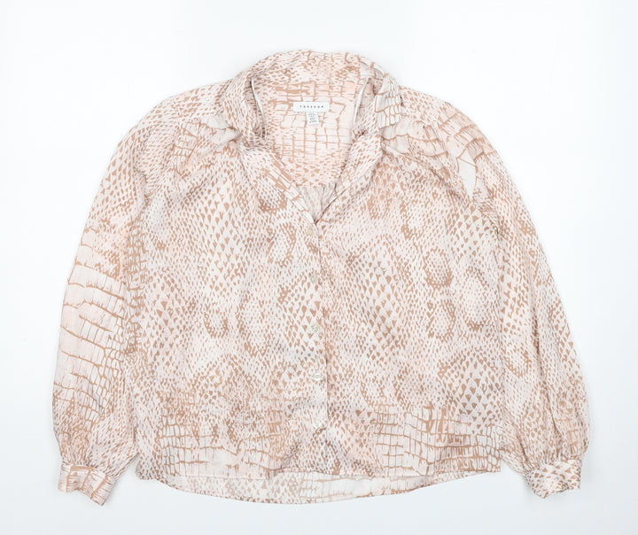 Topshop Womens Beige Animal Print Polyester Basic Button-Up Size 6 Collared - Snake Skin Print