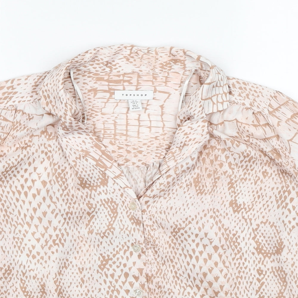 Topshop Womens Beige Animal Print Polyester Basic Button-Up Size 6 Collared - Snake Skin Print