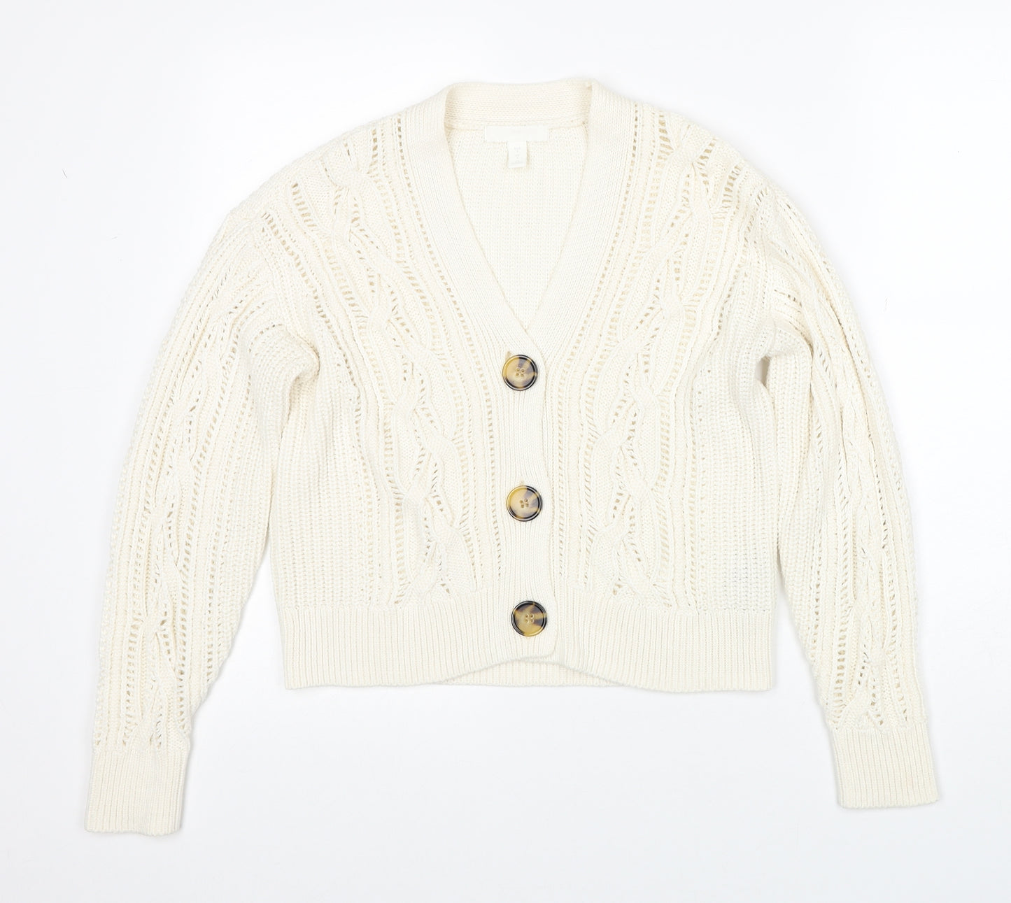 H&M Womens White V-Neck Acrylic Cardigan Jumper Size S
