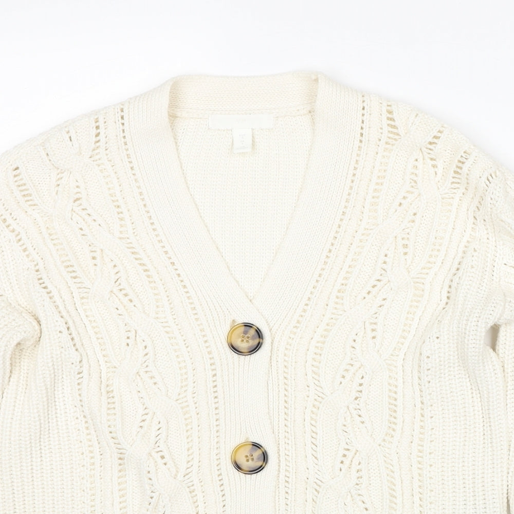 H&M Womens White V-Neck Acrylic Cardigan Jumper Size S
