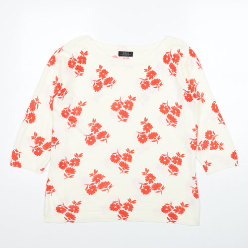 Papaya Womens White Round Neck Floral Acrylic Pullover Jumper Size 10