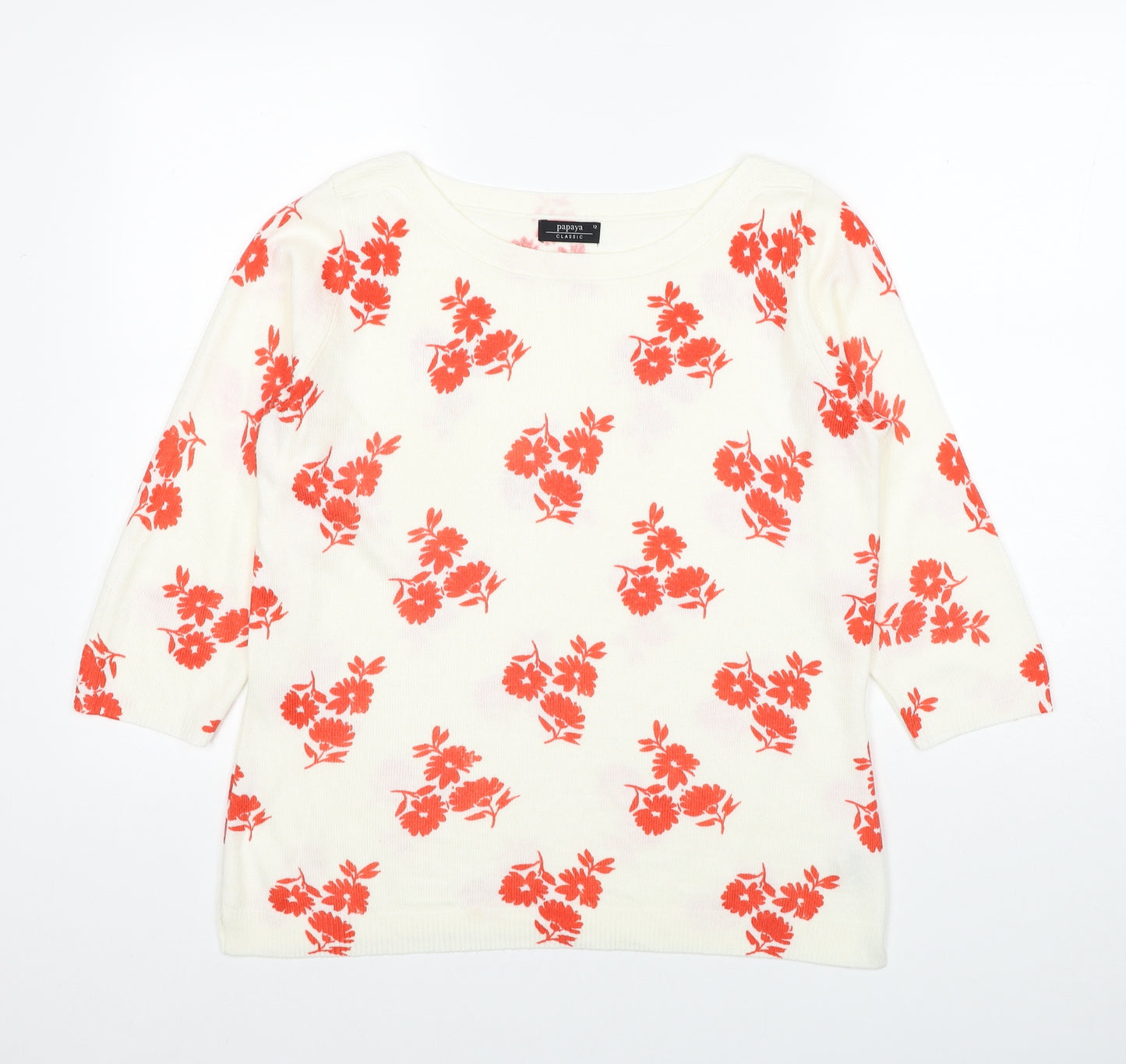Papaya Womens White Round Neck Floral Acrylic Pullover Jumper Size 10