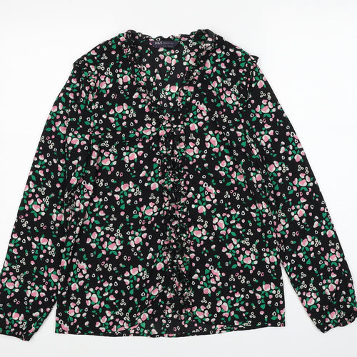 Marks and Spencer Womens Black Geometric Polyester Basic Blouse Size 8 V-Neck