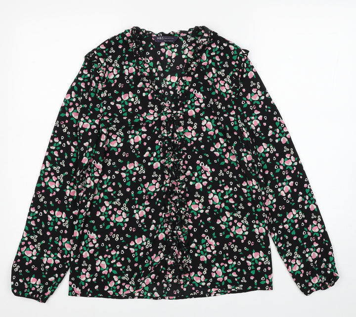 Marks and Spencer Womens Black Geometric Polyester Basic Blouse Size 8 V-Neck